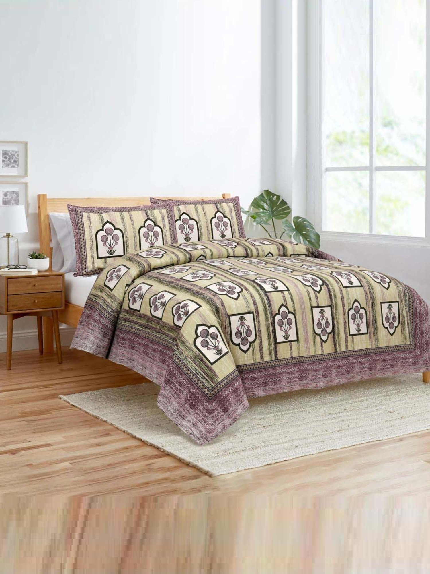 JaipurFabric Green & Purple 180 TC 100% Cotton Jharokha Double Bedsheet with 2 Pillow Covers