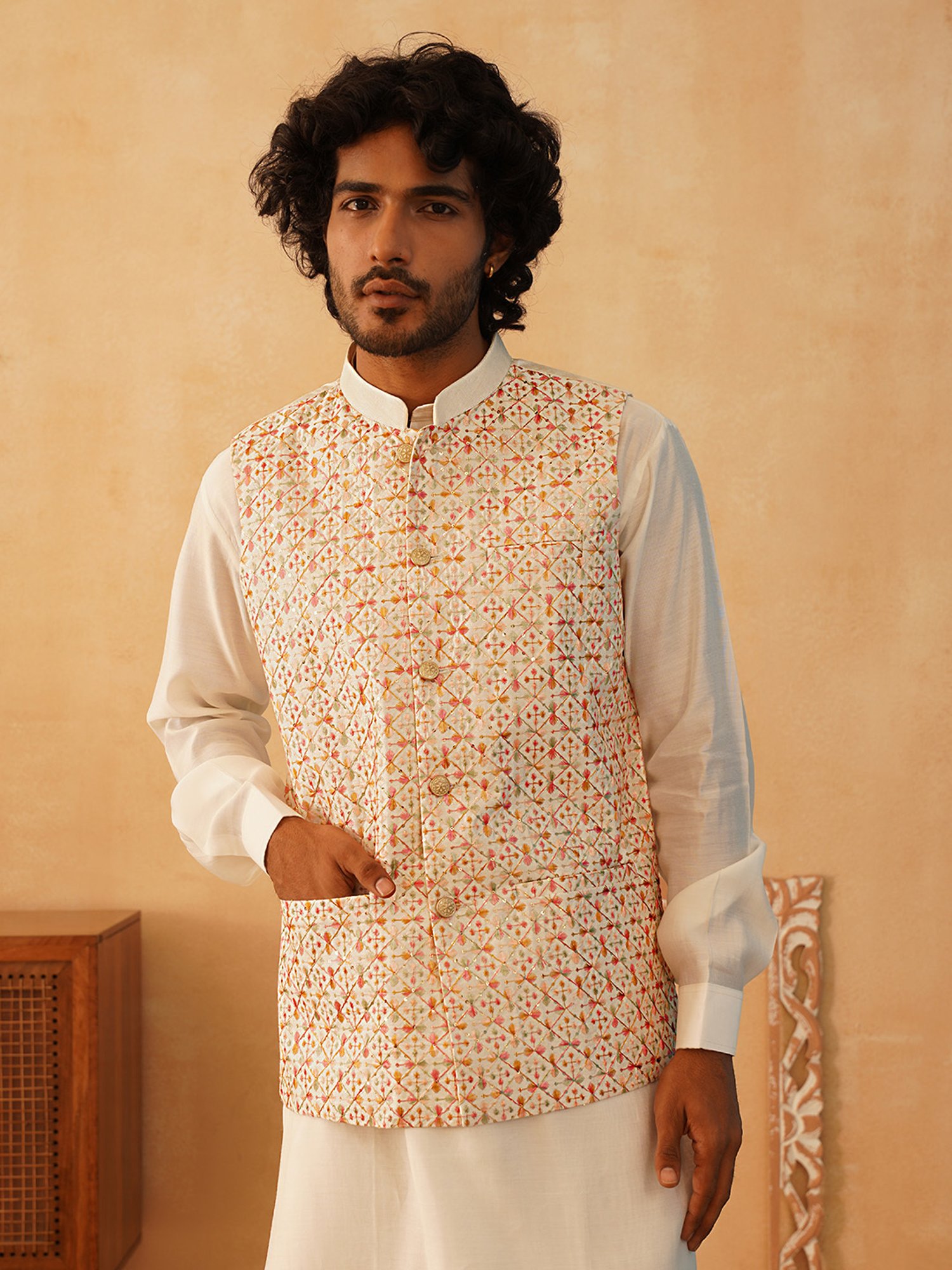 Jompers Multi Silk Blend Regular fit Embroidery Nehru Jackets