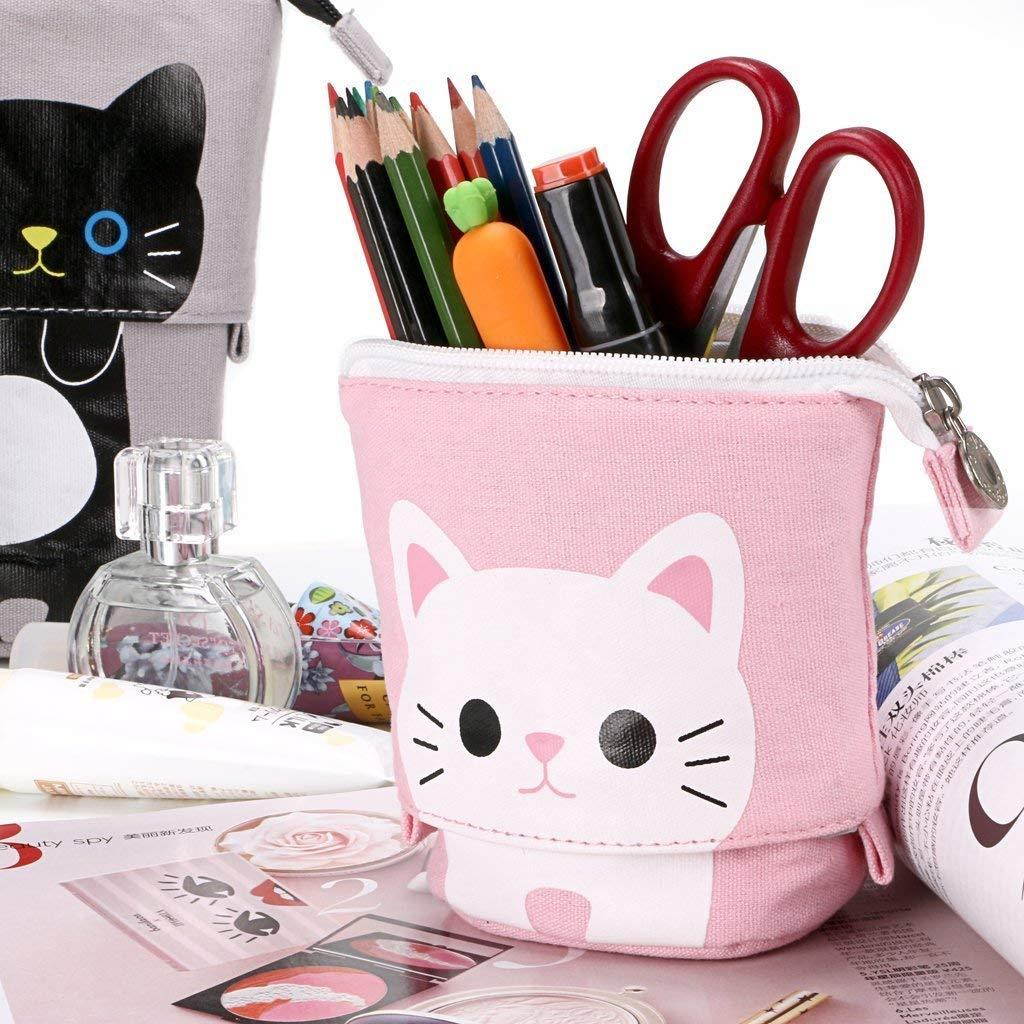 Telescopic Pencil Pouch Standing Pen Holder Cute Pencil Bags Stand Up Pen Case Cartoon Pencil/Pens Storage Box Canvas+PU Stationery Organizer Makeup Bag with Zipper Closure (Pink)