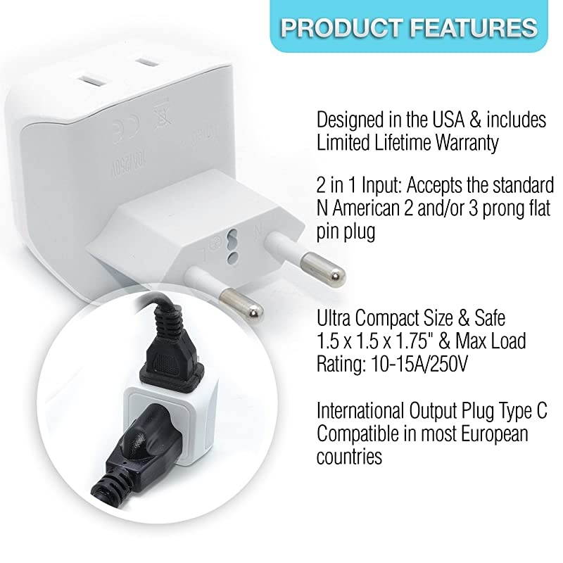 Complete European Travel Adapter Set by  - 2 In 1 Usa to Europe, Germany, England, Spain, Italy, Iceland, France, (Type G, E/F, Type C) - 3 Pack, Safe Grounded Perfect for Cell Phones, Laptops