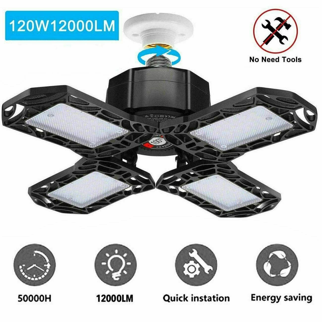 120W 12000LM Deformable LED Garage Light Super Bright Shop Ceiling Lights Bulb