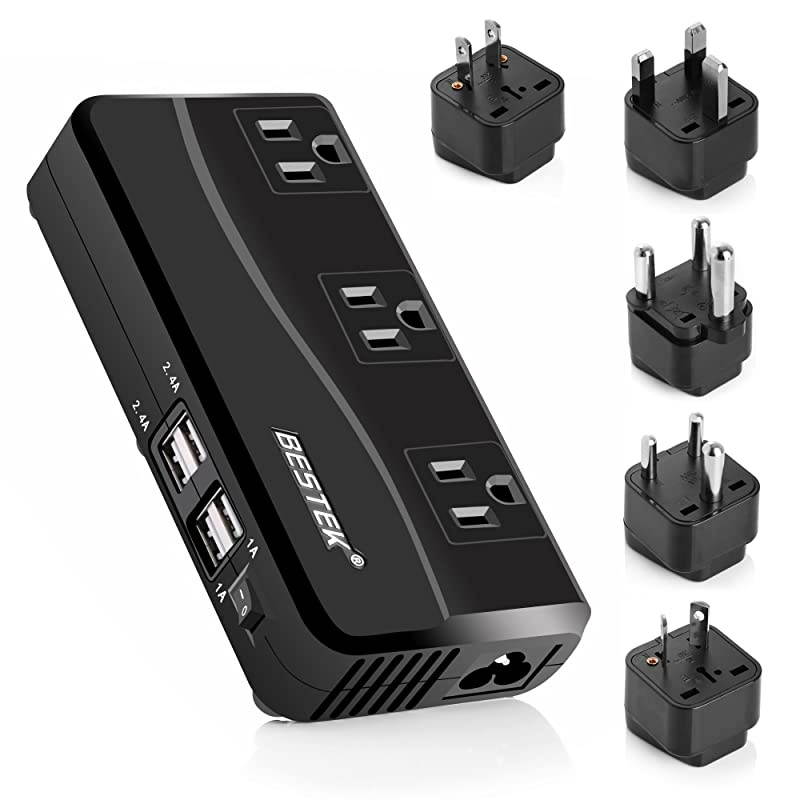 200W Power Converter 3Outlet and 4Port USB Travel Voltage Transformer 220V to 110V with Type GDMAUUS Travel Plug Adapters