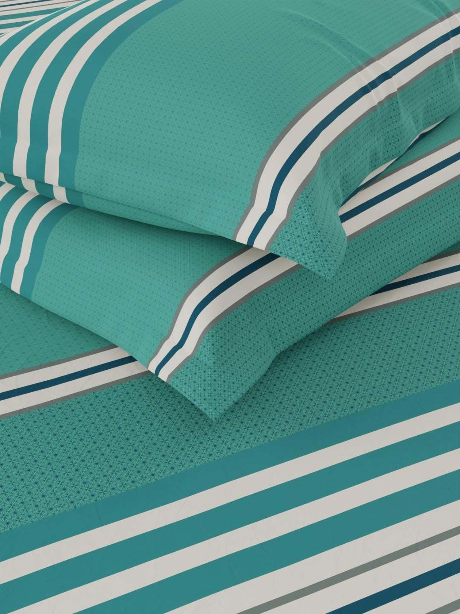 NAUTICA Ocean View Green & Grey Cotton 160 TC King Bedsheet with 2 Pillow Cover