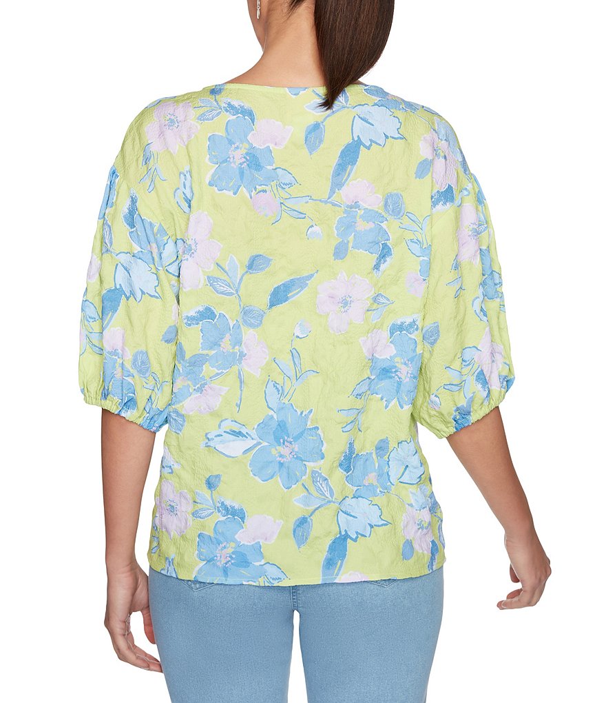 Ruby Rd. Floral Puckered Textured Ballet Neck Short Puff Sleeve Top