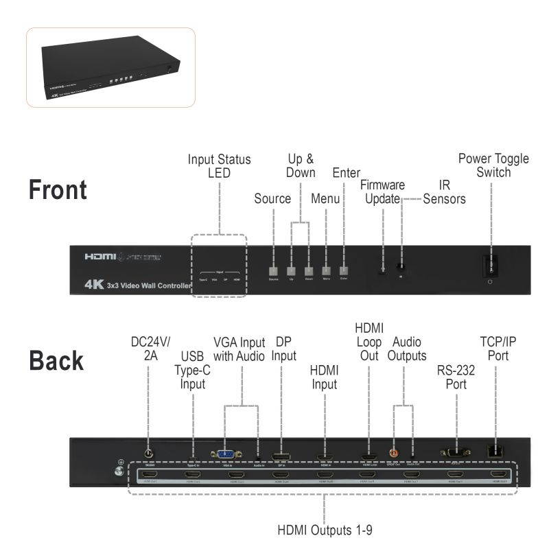 J-Tech Digital 4K30 3x3 Video Wall Controller | HDMI, VGA, DP, USB Type-C | HDCP 2.2 | Up to 10x10 [JTECH-VW09]