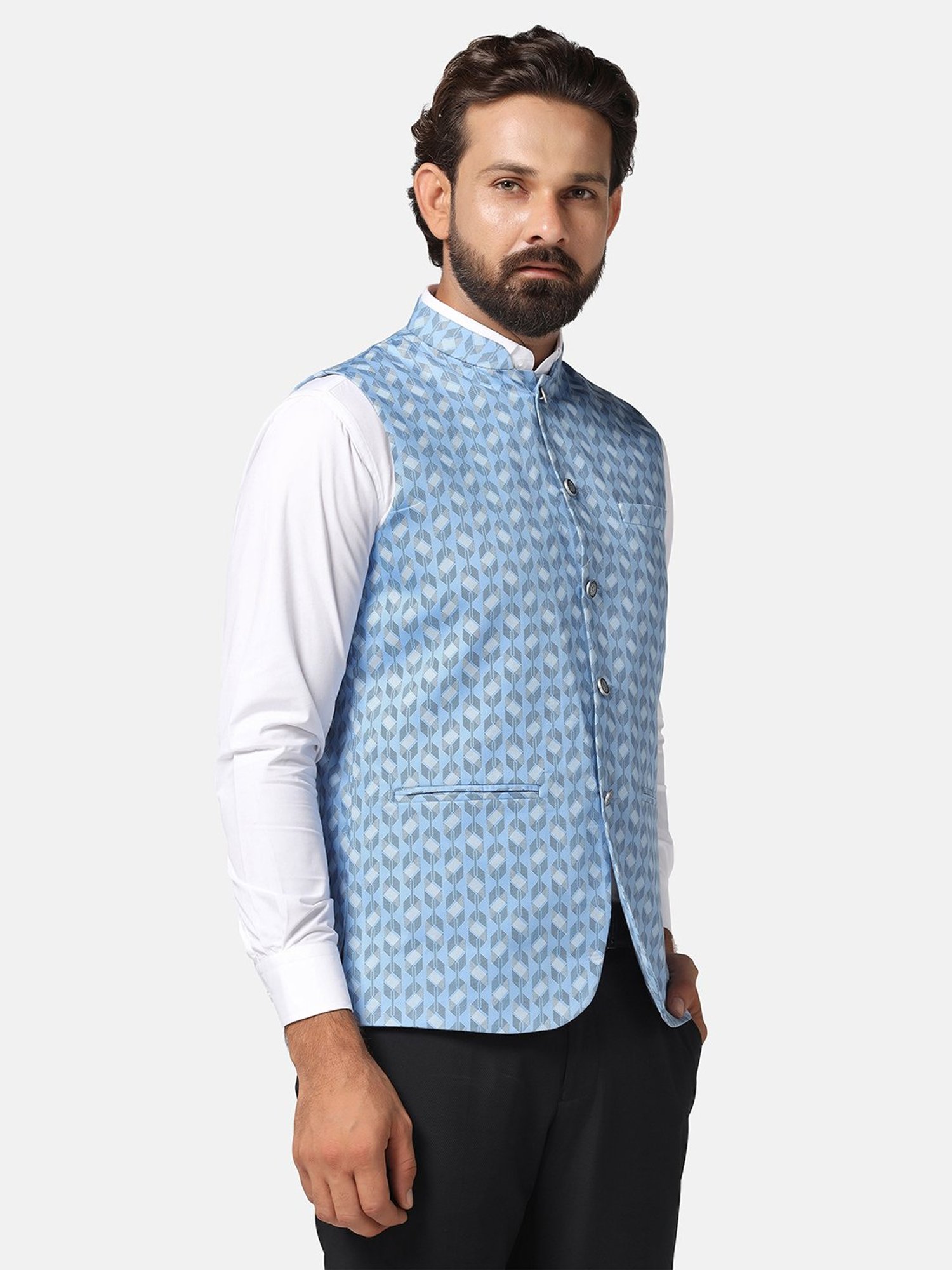 TAHVO Light Blue Slim Fit Printed Nehru Jacket