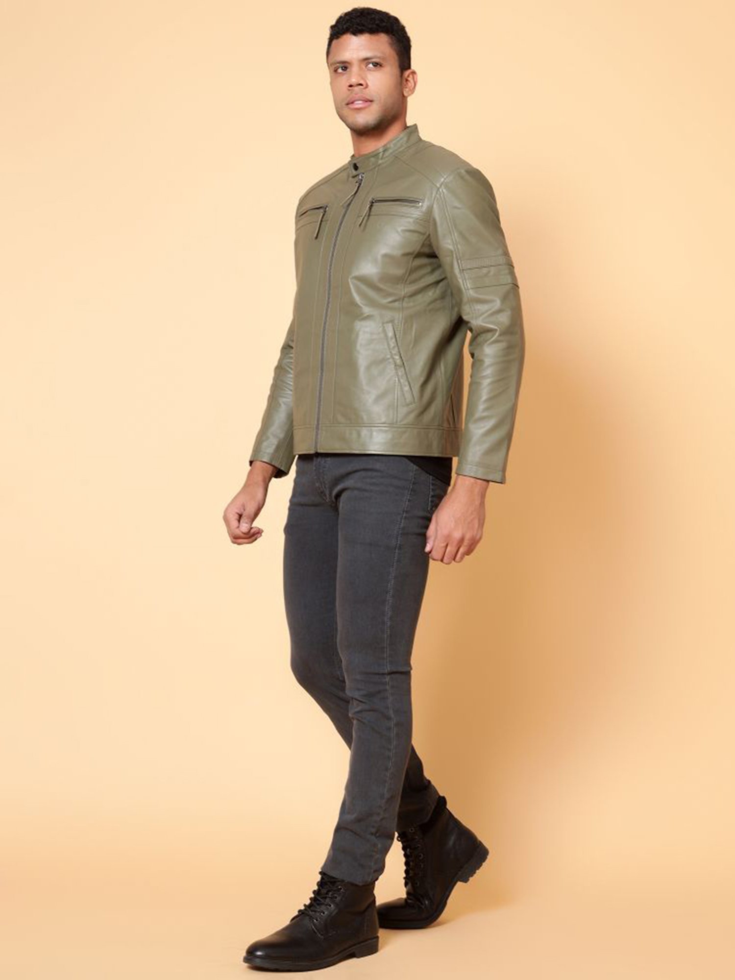 Tortoise Sergio Stone Grey Regular Fit Leather Jacket