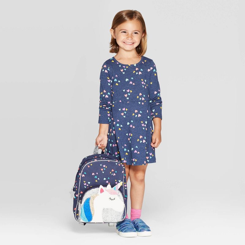 Toddler Girls' Long Sleeve Heart Print Knit Dress - Cat & Jack™ Navy 5T