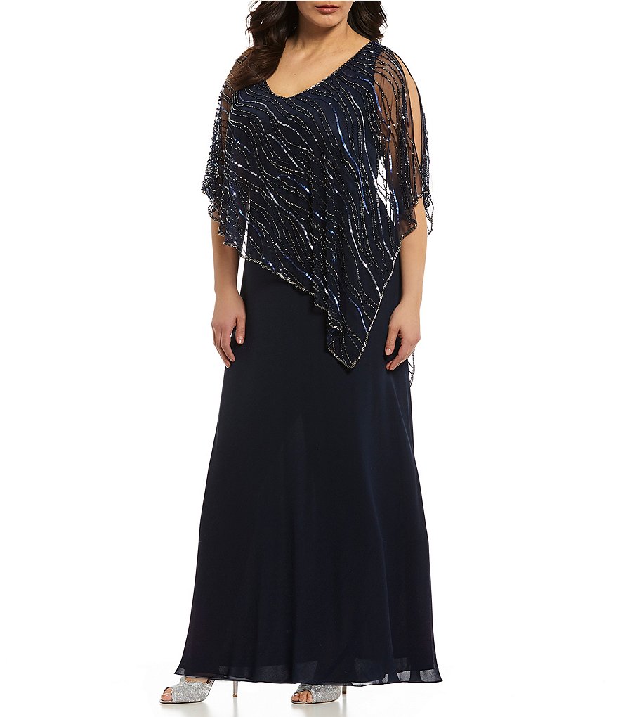 Jkara Plus V-Neck Short Sleeve Beaded Bodice Capelet Gown