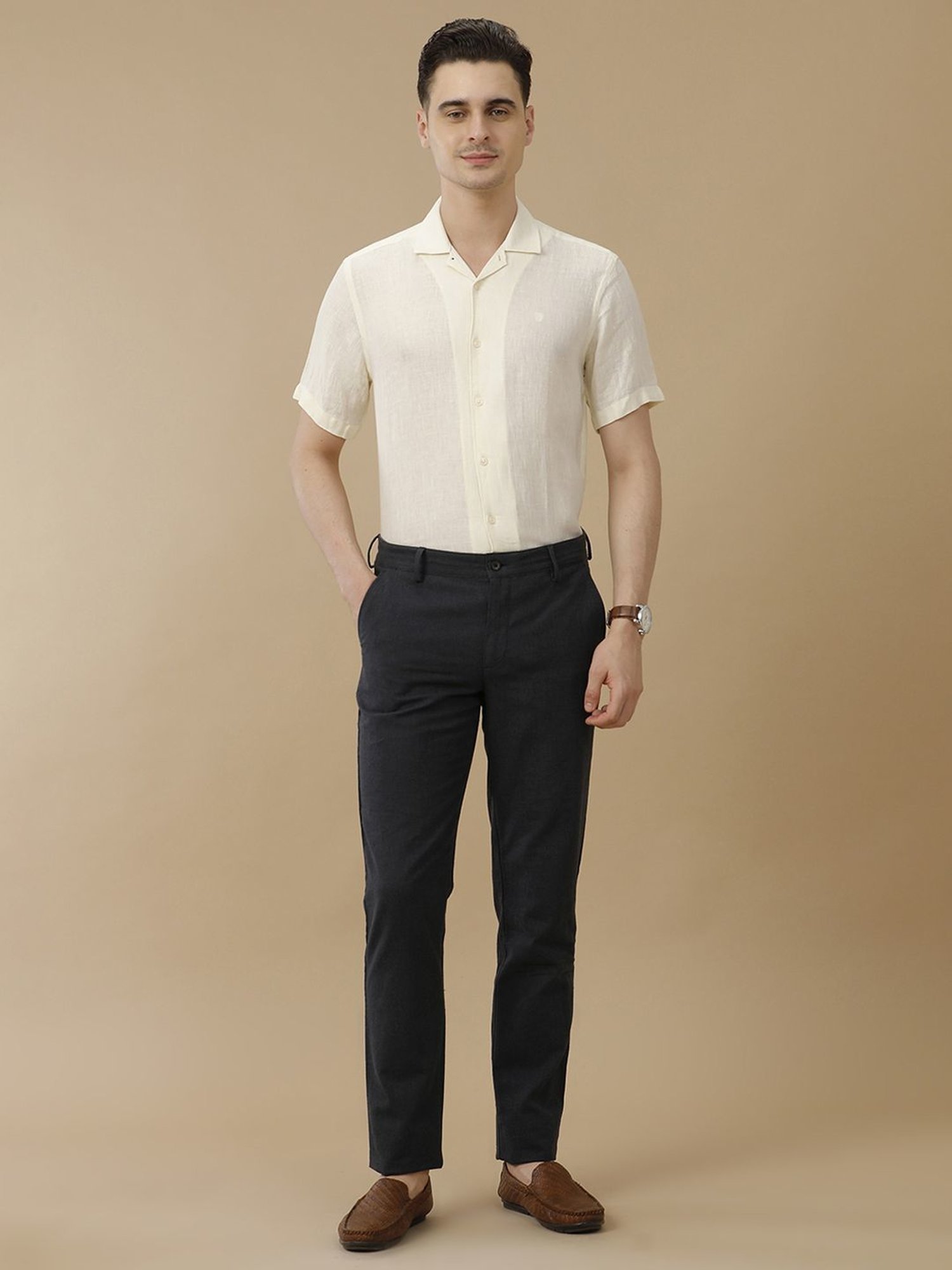 Linen Club Off White Linen Contemporary Fit Shirt