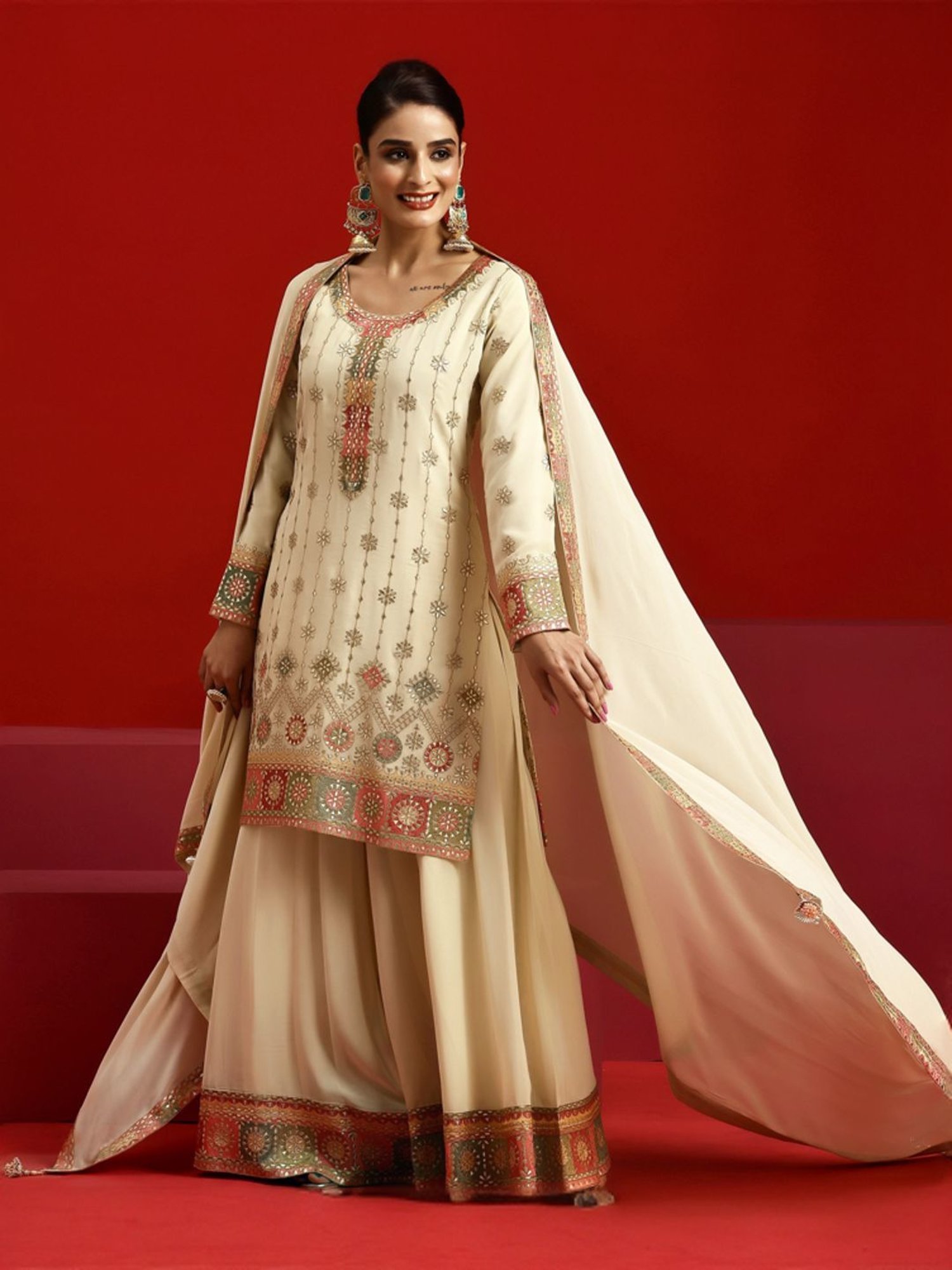 Libas Art Beige Embroidered Kurta Palazzo Set With Dupatta