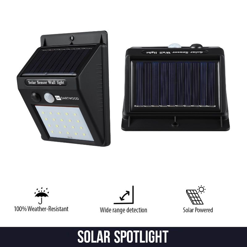 Dartwood Outdoor Solar Lights with Motion Sensor, 20 LED, 150 Lumens Bright Weatherproof Wall Spotlight for Gardens Porches Walkways Patios (2 Pack)