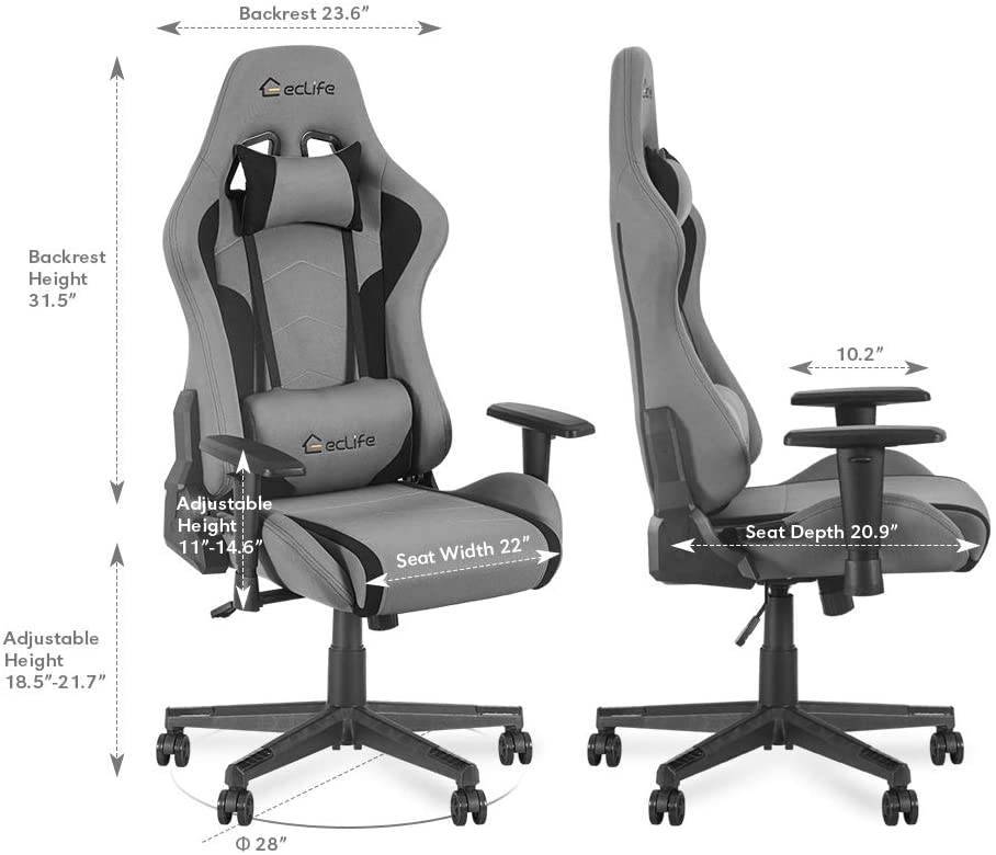 Eclife High Back Computer Game Chair with Adjustable Massage Lumbar Support and Headrest Racing Style Swivel Executive Office Desk Gaming Chair