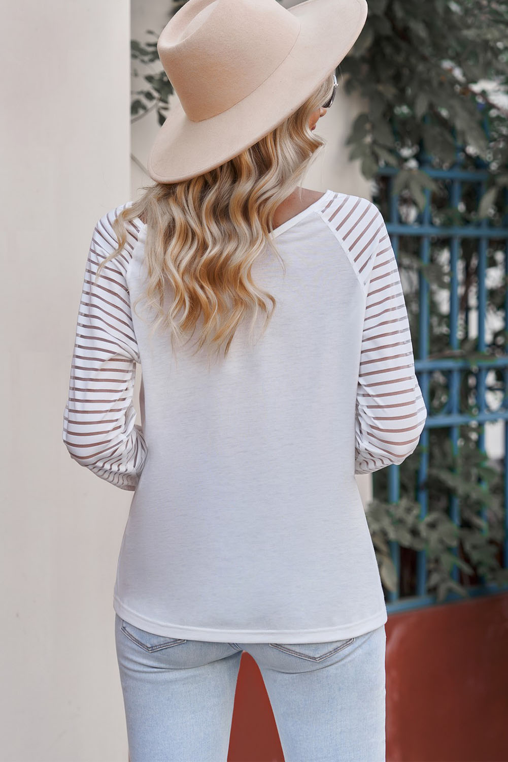 White Black Sheer-Stripe Floral Print V Neck Graphic Tee