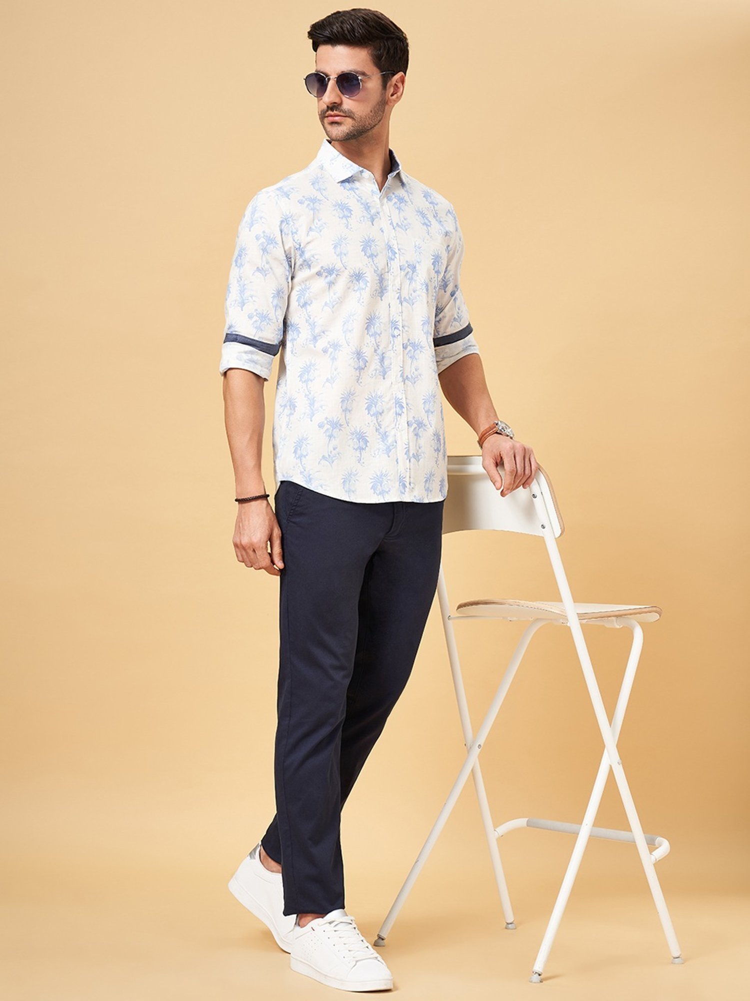 Byford by Pantaloons Dream Blue Cotton Slim Fit Printed Shirt
