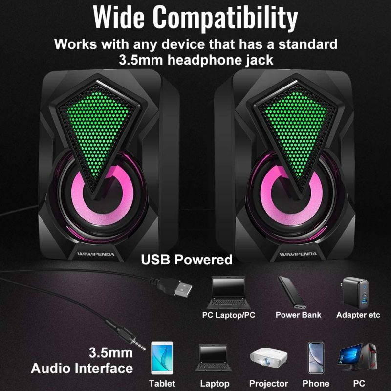 Computer Speakers X2 Wired PC Speaker 2.0 USB Gaming Powered Stereo Mini Multimedia Volume Control with RGB Lights 3.5mm Aux Input for Phone Tablets Desktop Laptop