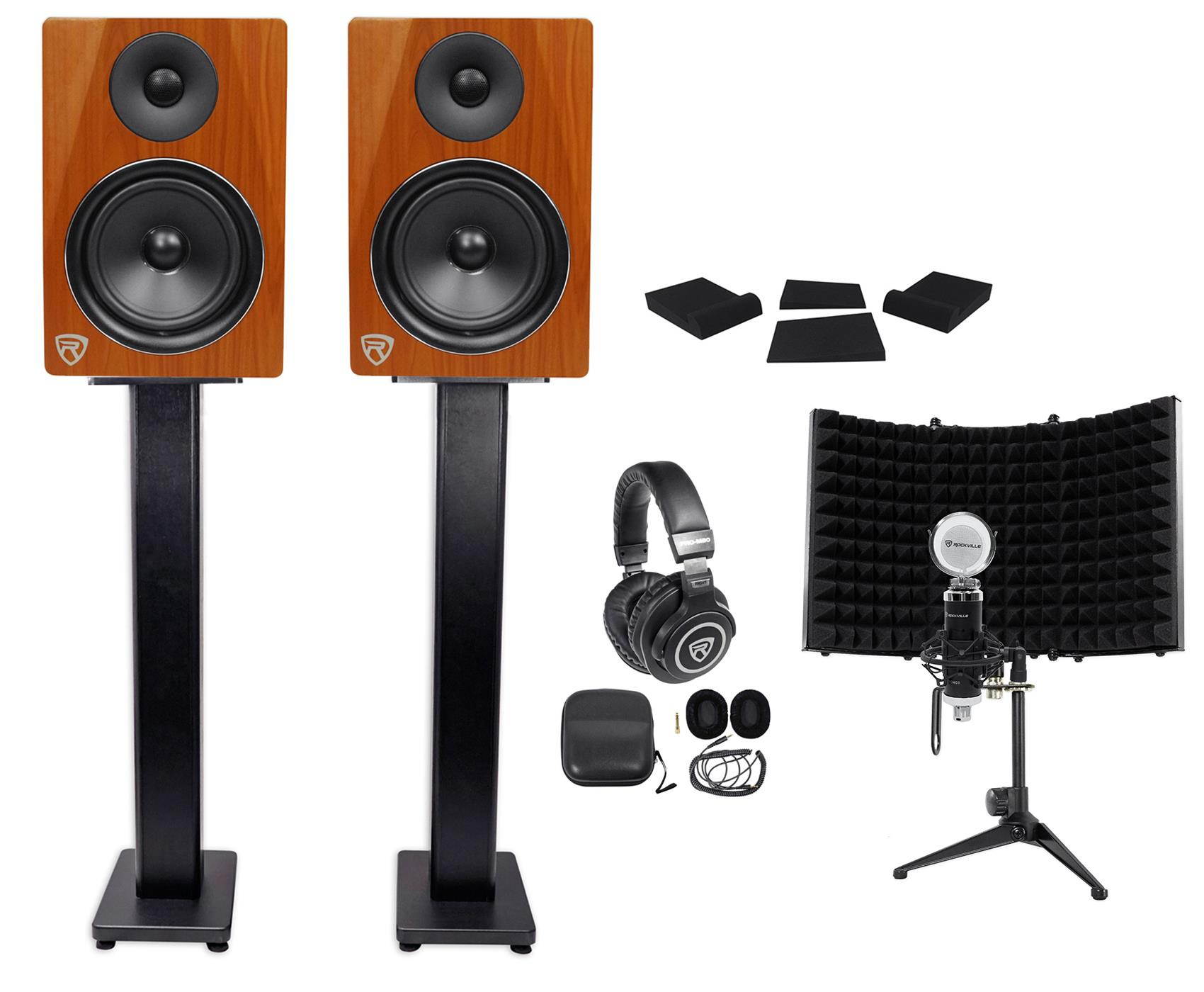 2) Rockville DPM6C 6.5" 420w Active Studio Monitors+Stands+Headphones+Mic+Shield