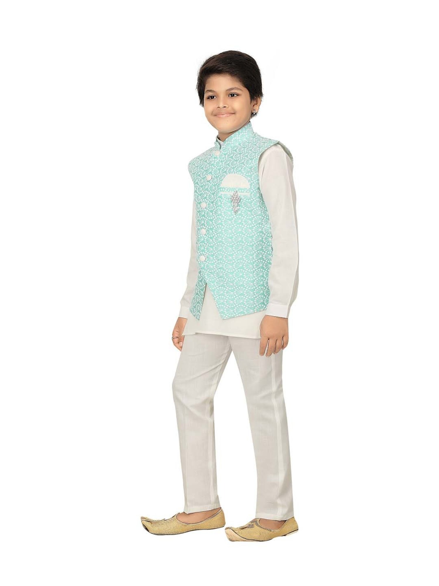Ahhaaaa Kids Blue & White Cotton Embroidered Full Sleeves Kurta Set