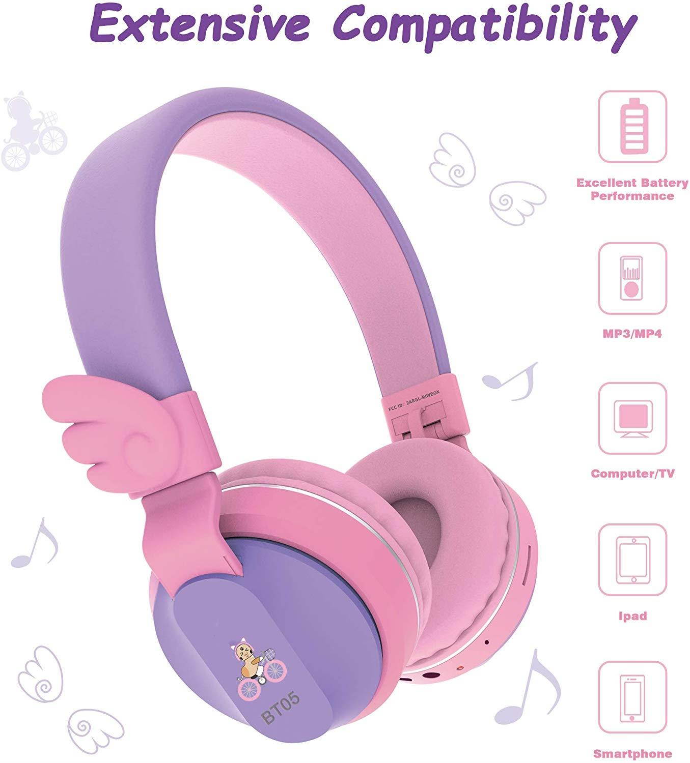 Riwbox BT05 Wings Kids Headphones Wireless Bluetooth Foldable Over Ear Headset with Volume Limited and Mic/TF Card Compatible for iPad/iPhone/Tablet (Purple&Pink)