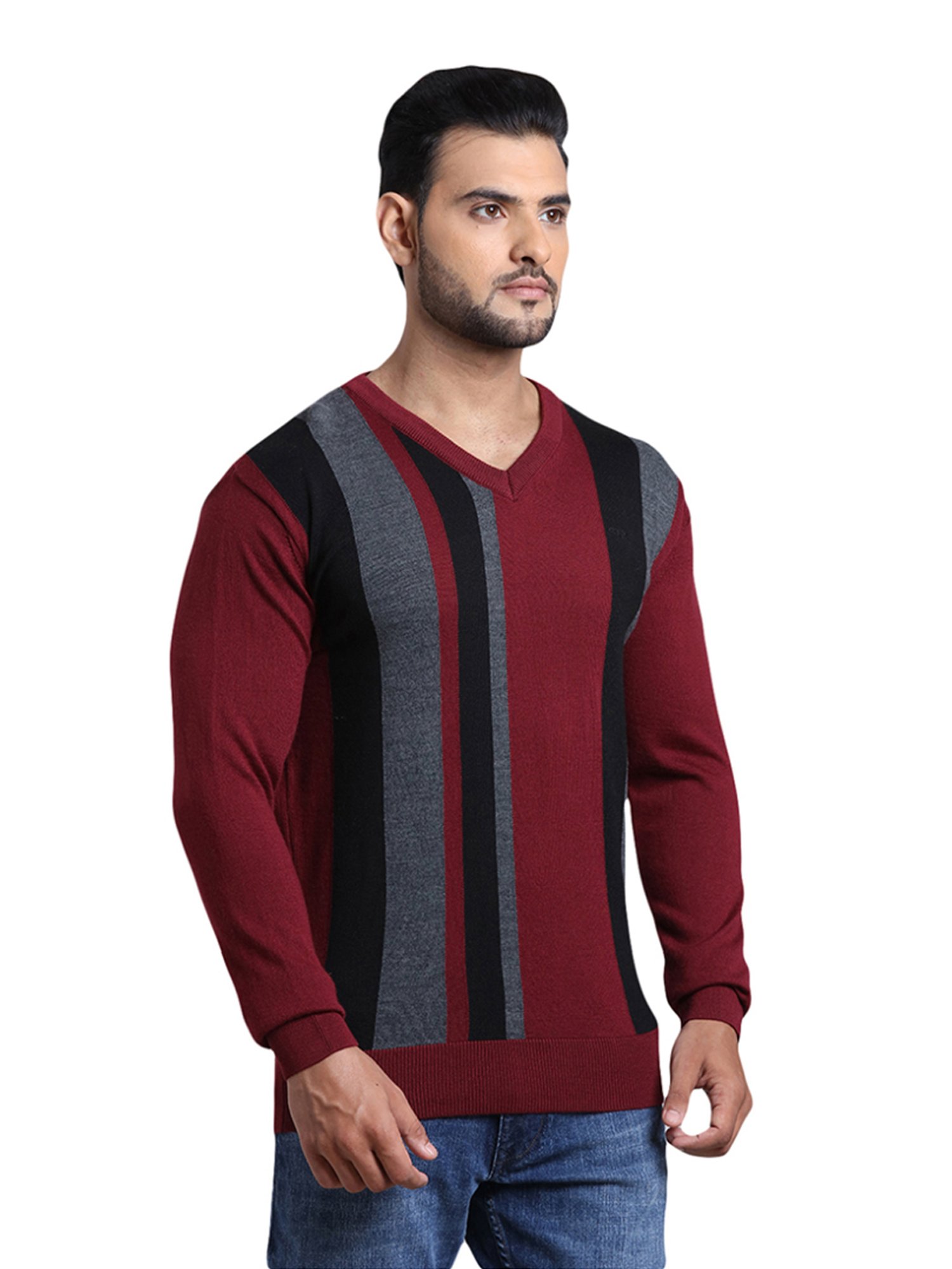ColorPlus Maroon Tailored Fit Striped Sweater