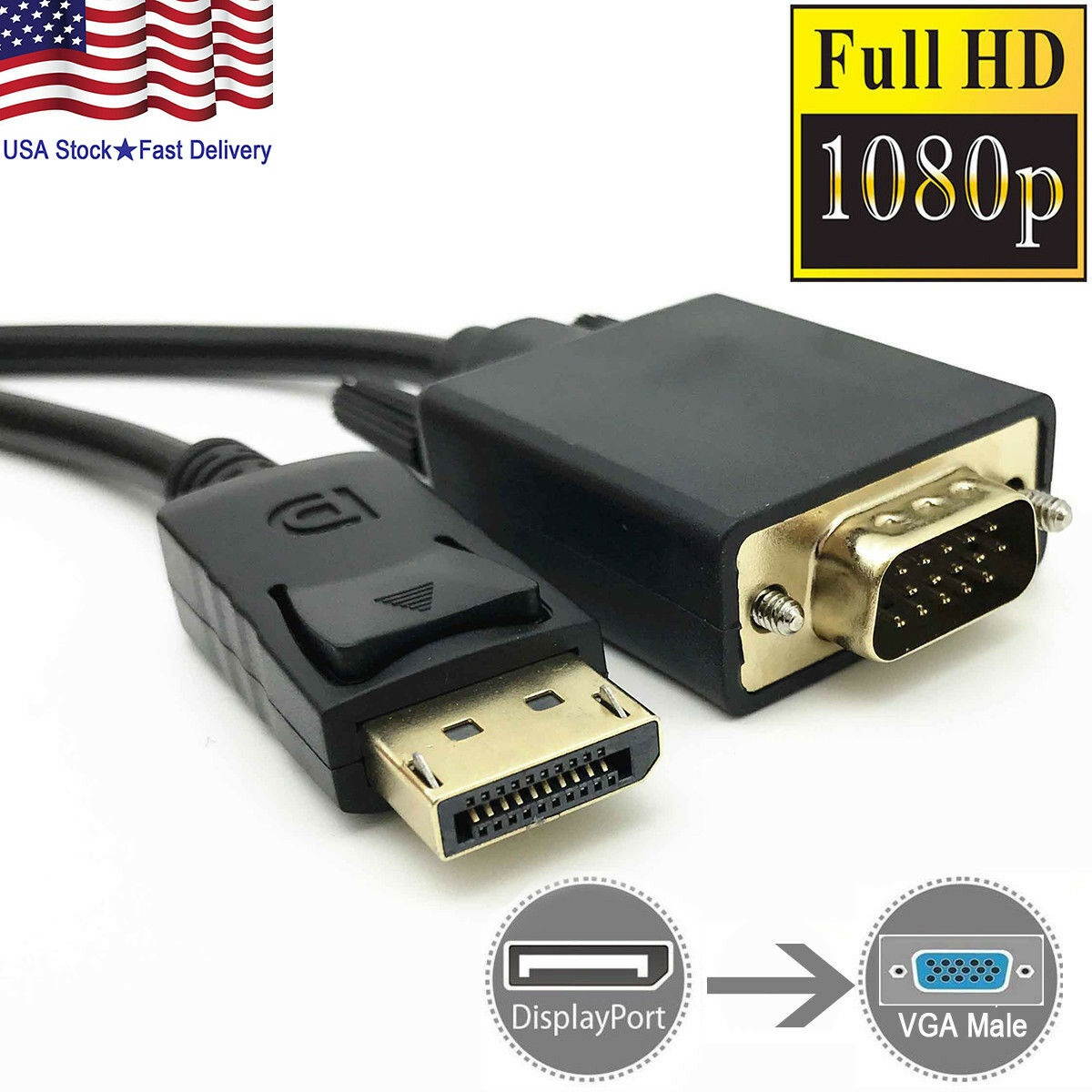 6 Feet Gold Plated DisplayPort DP Male to VGA Male Cable Cord For