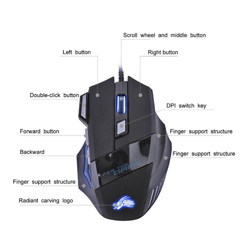 Wired Gaming Mouse 5500DPI Adjustable 7 Buttons Cable USB LED Optical Gamer Mouse For PC Computer Laptop Mice (Color: Black)