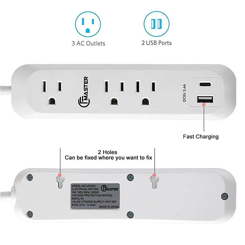 Fast Charger Power Strip Surge Protector Wall Outlets with 6FT Cord Straight Plug 3 AC Outlets 2 Smart IC Outlets34A 5V White
