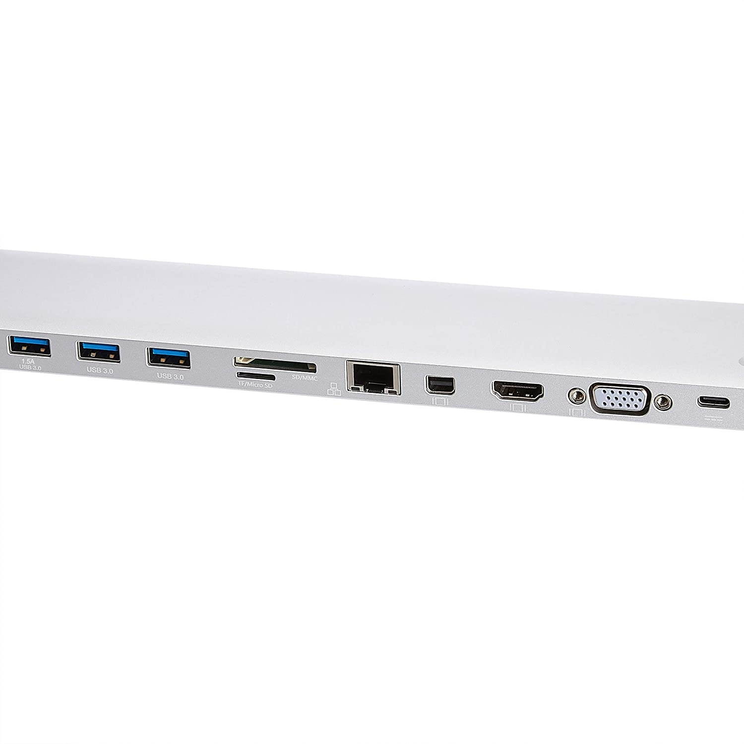 Amazon Basics Aluminum Type-C Docking with Mini DisplayPort, HDMI, VGA, 3 USB-A, Ethernet, SD/TF Card Reader, Audio, and Type-C Charging Port (PD 100W) - Pedestal, Silver