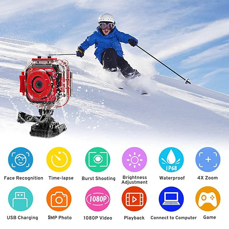 Children Kids Camera Waterproof Digital Video HD Action Camera 1080P Sports Camera Camcorder DV for Boys Birthday Learn Camera Toy 1.77'' LCD Screen(Red)