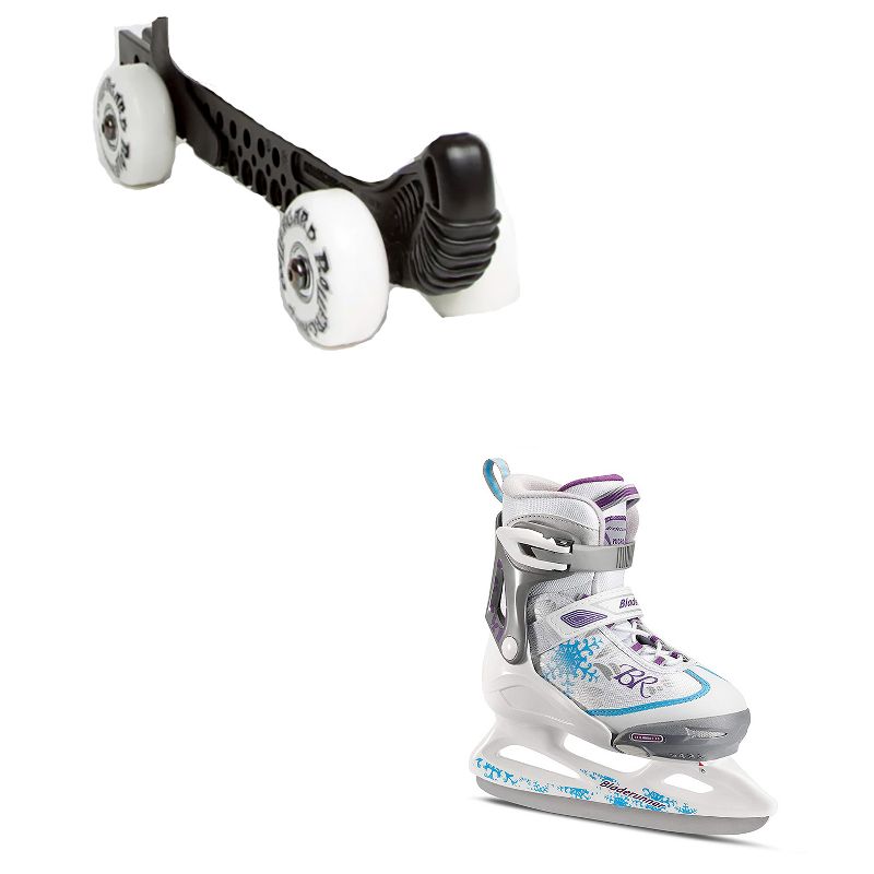 Rollergard Slip-On ROC-N-Roller Figure Skate Rolling Guard, Black (2 Pack) & Rollerblade Bladerunner Micro Ice G Girls Skates, Small, White/Blue