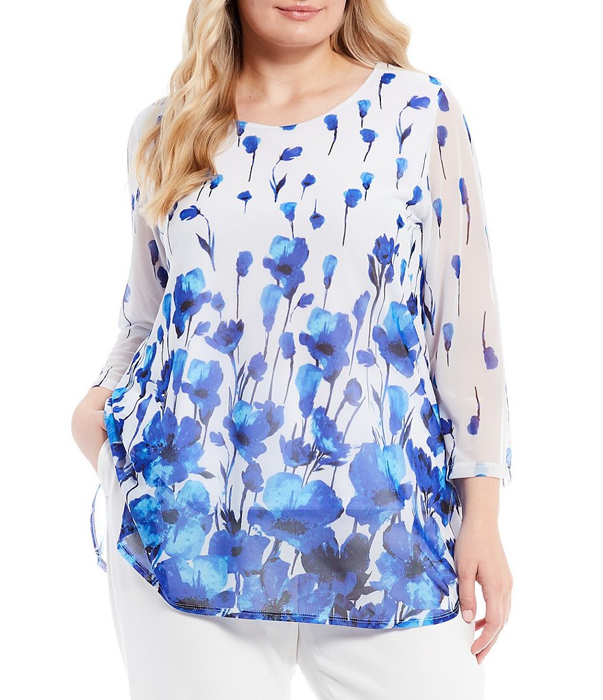 Kasper Plus Size Jewel Neck 3/4 Sleeve Floral Printed Mesh Tunic