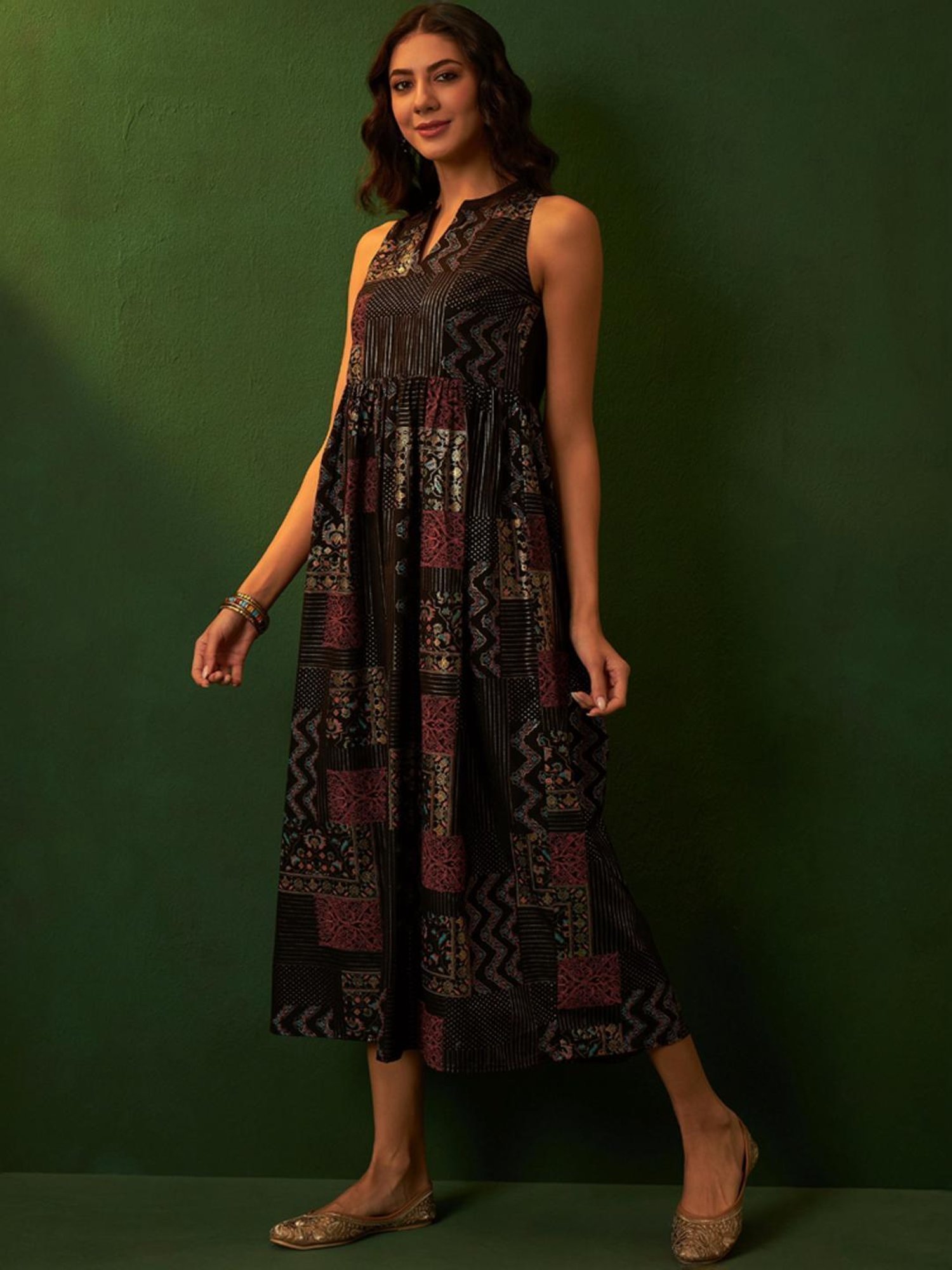 Ziyaa Black Printed A-Line Dress