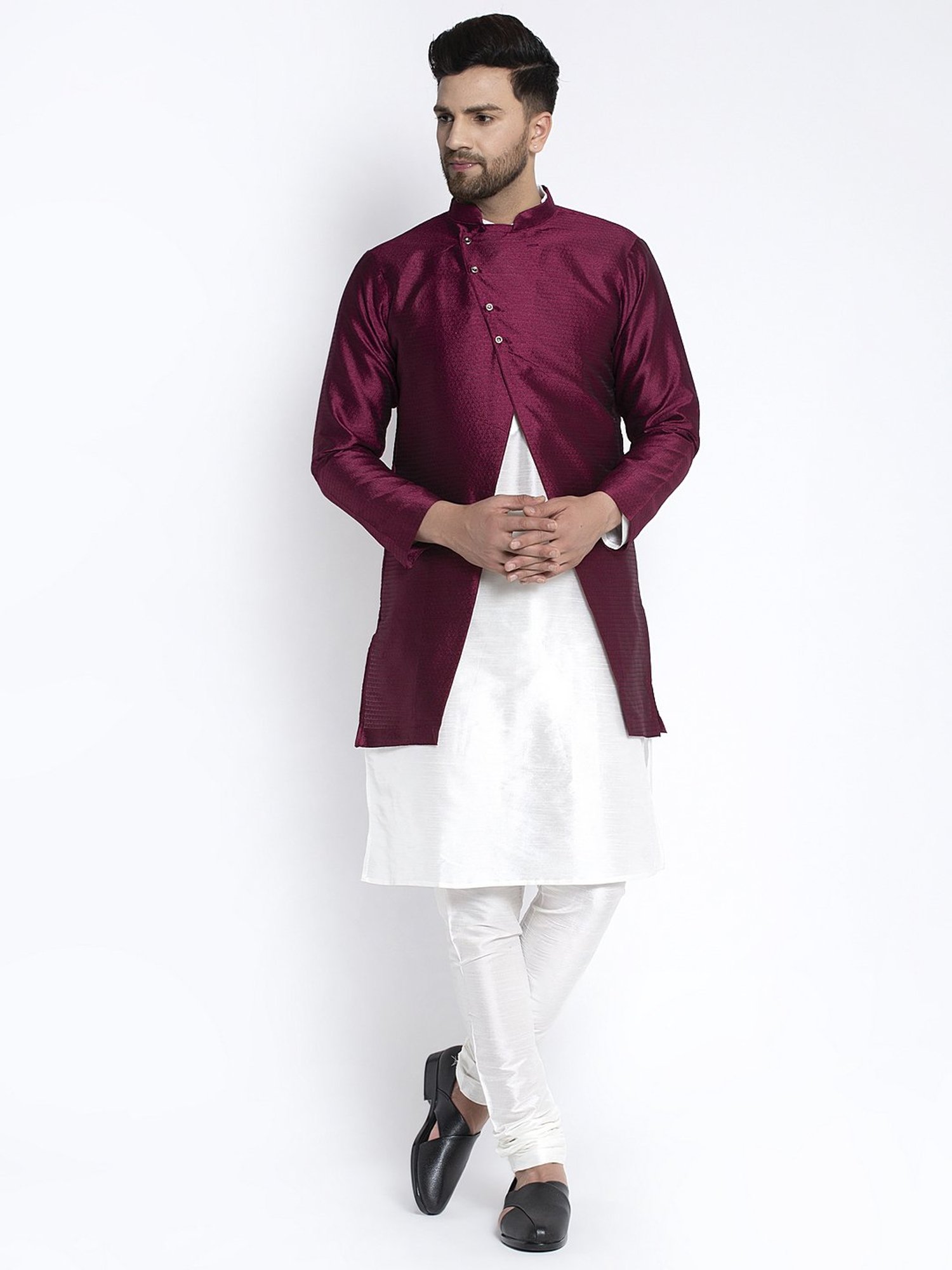 Benstoke White & Wine Regular Fit Self Pattern Kurta Set With Jacket