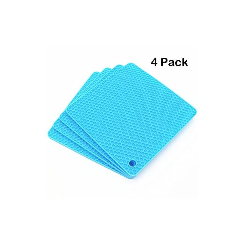 Silicone Pot Mat for Countertop Trivet Pads Heat Resistant Table Placemats 4 Pack,Size:7.5x7.5 Inch, Color: Blue, Shape:Square
