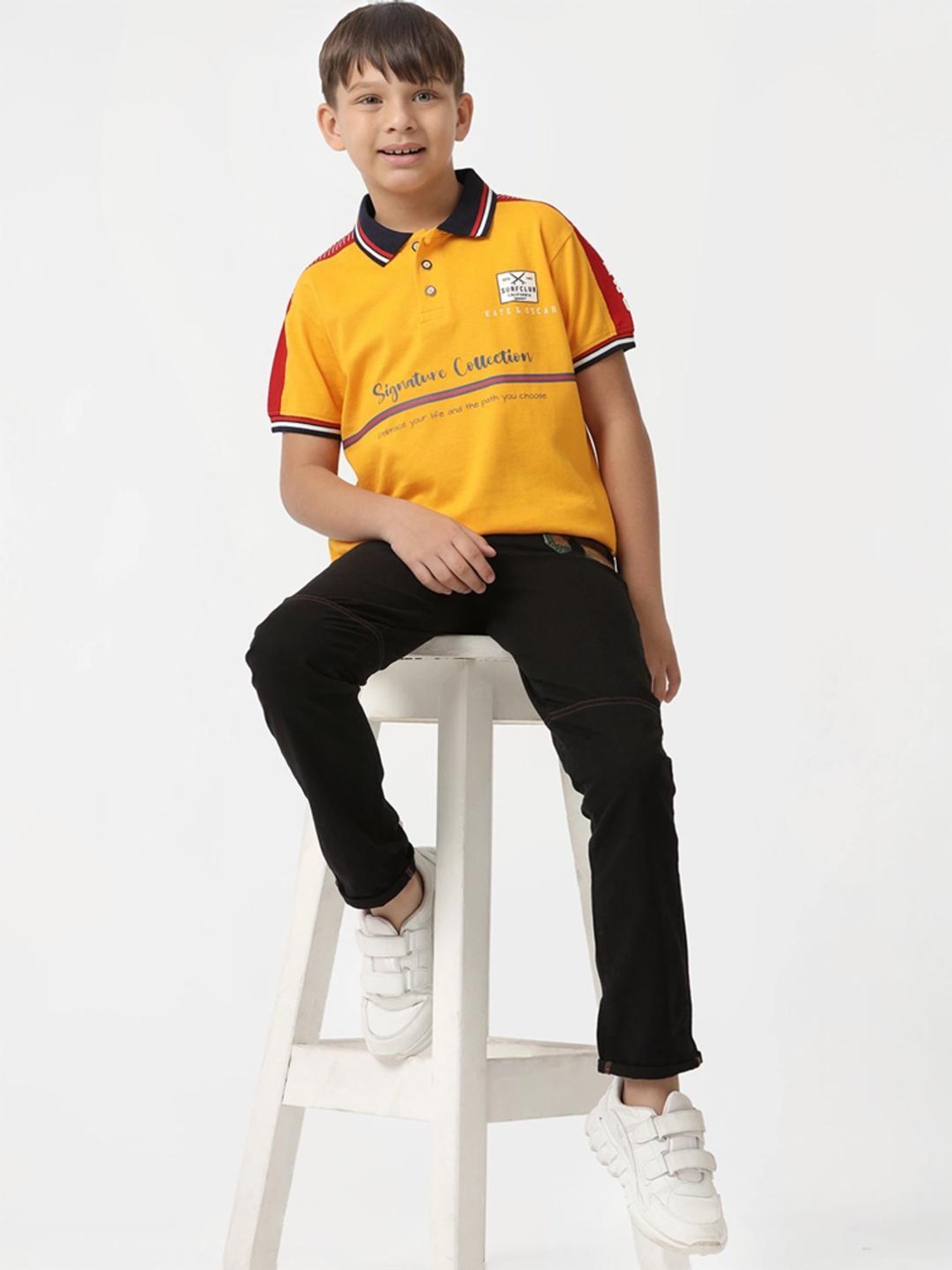 Kate & Oscar Kids Yellow Cotton Printed Polo T-Shirt