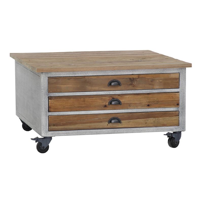 3 Drawer Wooden Coffee Table with Caster Wheels Brown/Gray - Benzara