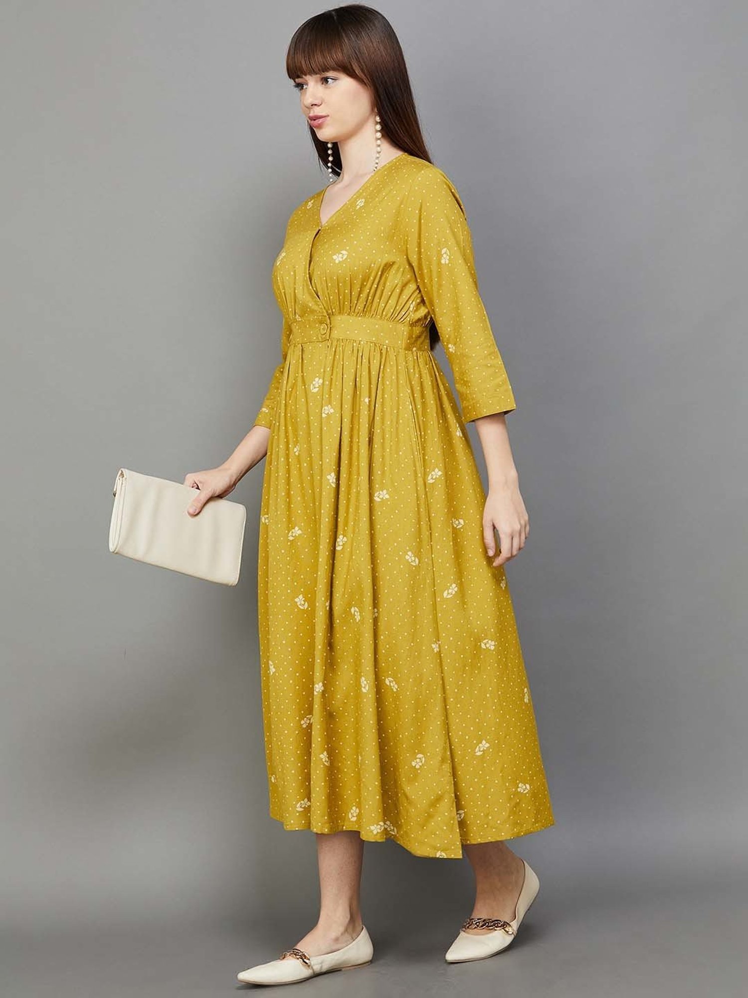 Colour Me by Melange Yellow Printed A-Line Dress