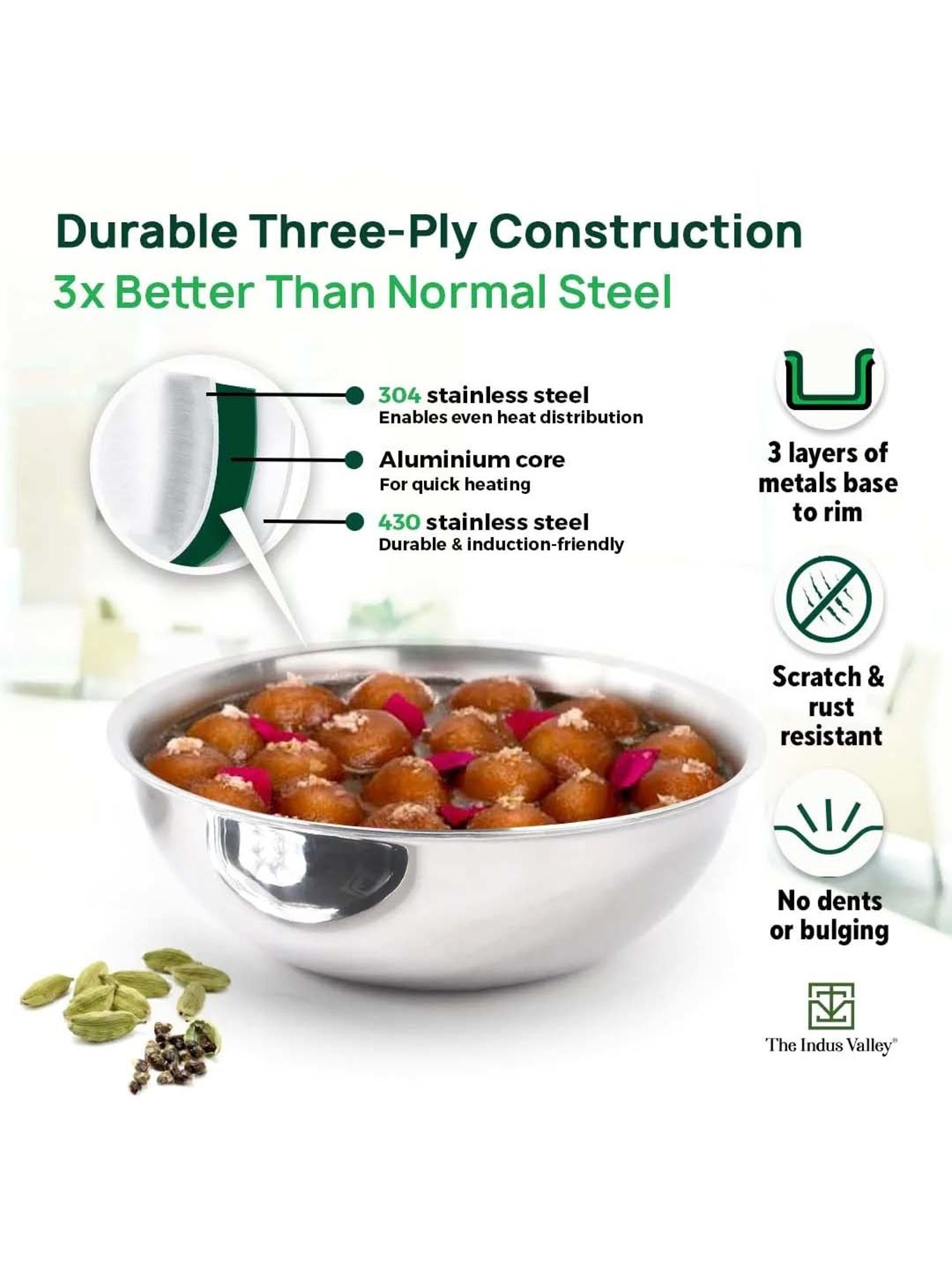 The Indus Valley Silver Stainless Steel 22 cm Induction Compatible Tasla With Lid (1.7 L)