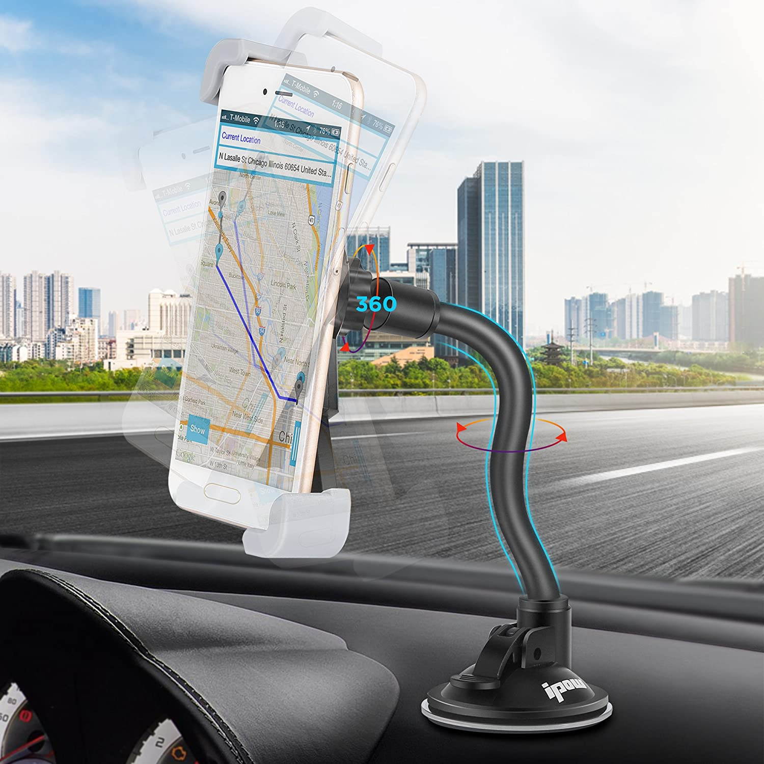 IPOW Car Phone Mount, Diagonal Clamp Full-View Windshield/Dashboard Car Phone Holder with Strong Suction Cup& Bendable Goose Arm Compatible with iPhone X 8Plus 7Plus 6sPlus 6Plus Galaxy S7 S9 J7V