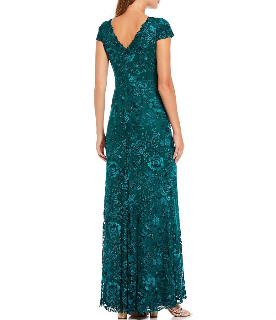 Tadashi Shoji Short Sleeve Illusion Boat Neck Floral Lace Gown