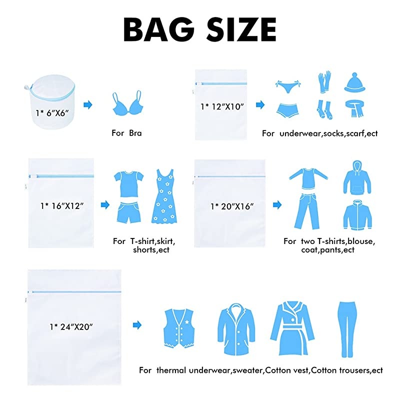 5 Pack Mesh Laundry Bags for delicates Bra Lingerie Wash Bags Zipper Travel Laundry Bag