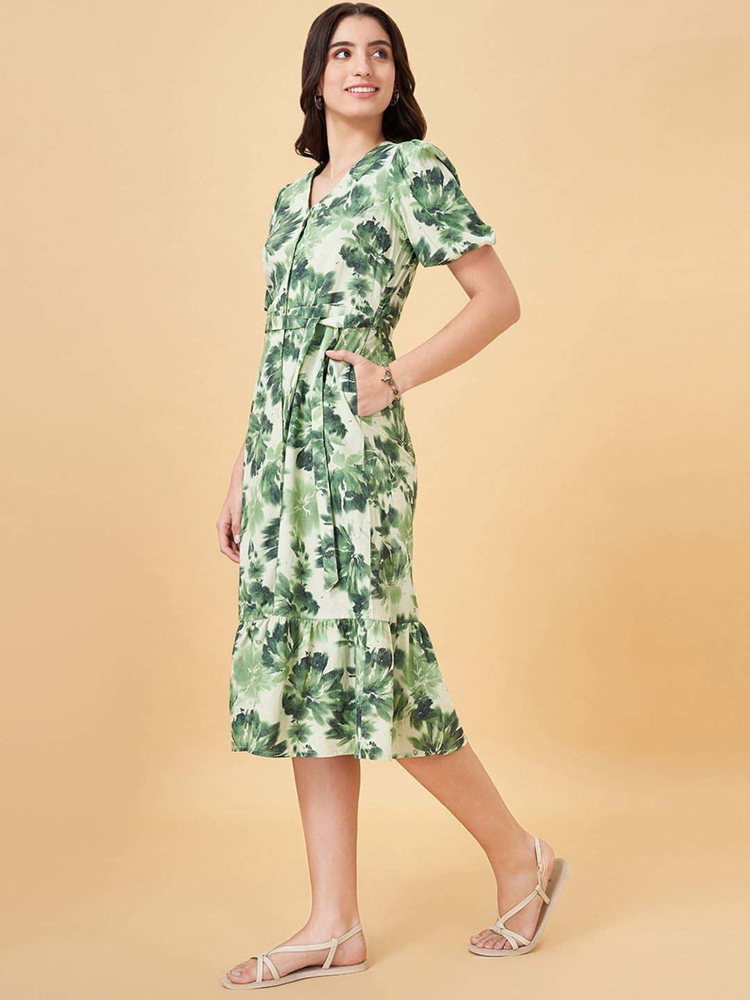Honey by Pantaloons Green Cotton Printed A-Line Dress