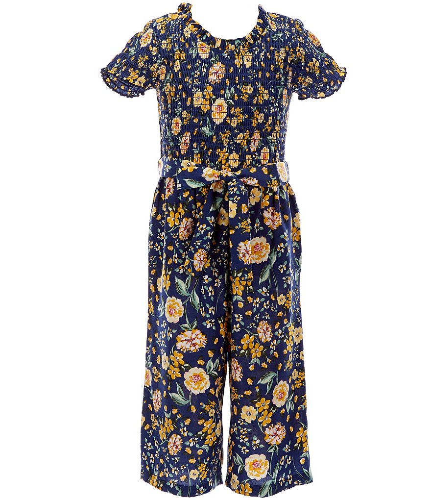 Bonnie Jean Little Girls 4-6X Short-Sleeve Smocked Floral Challis Tie Waist Jumpsuit