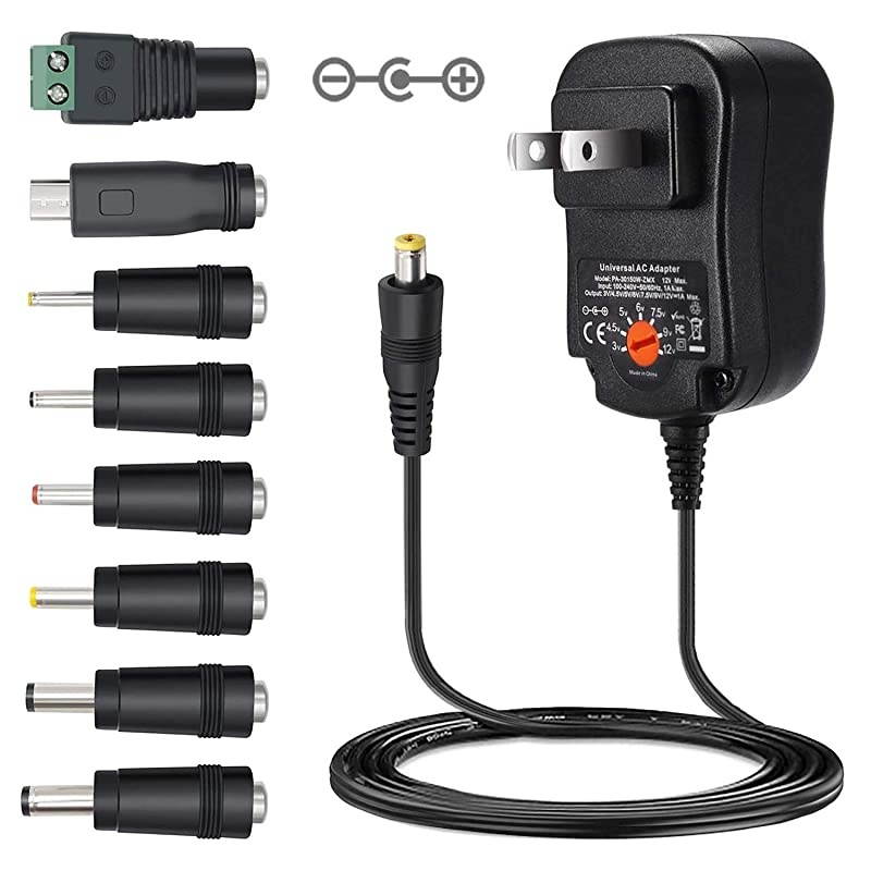 12W Universal AC DC Adapter 3V 45V 5V 6V 75V 9V 12V Multi Voltage Switching Power Supply Cord for Household Electronics LED Light Strip CCTV IP Camera Router Bluetooth Speaker Hub Smartphone