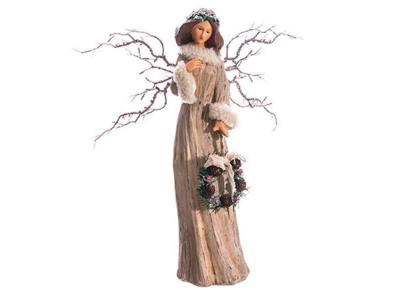 Allstate Floral 15.25" Natural Angel with Frosted Twig Wings and Wreath Table Top Christmas Decoration