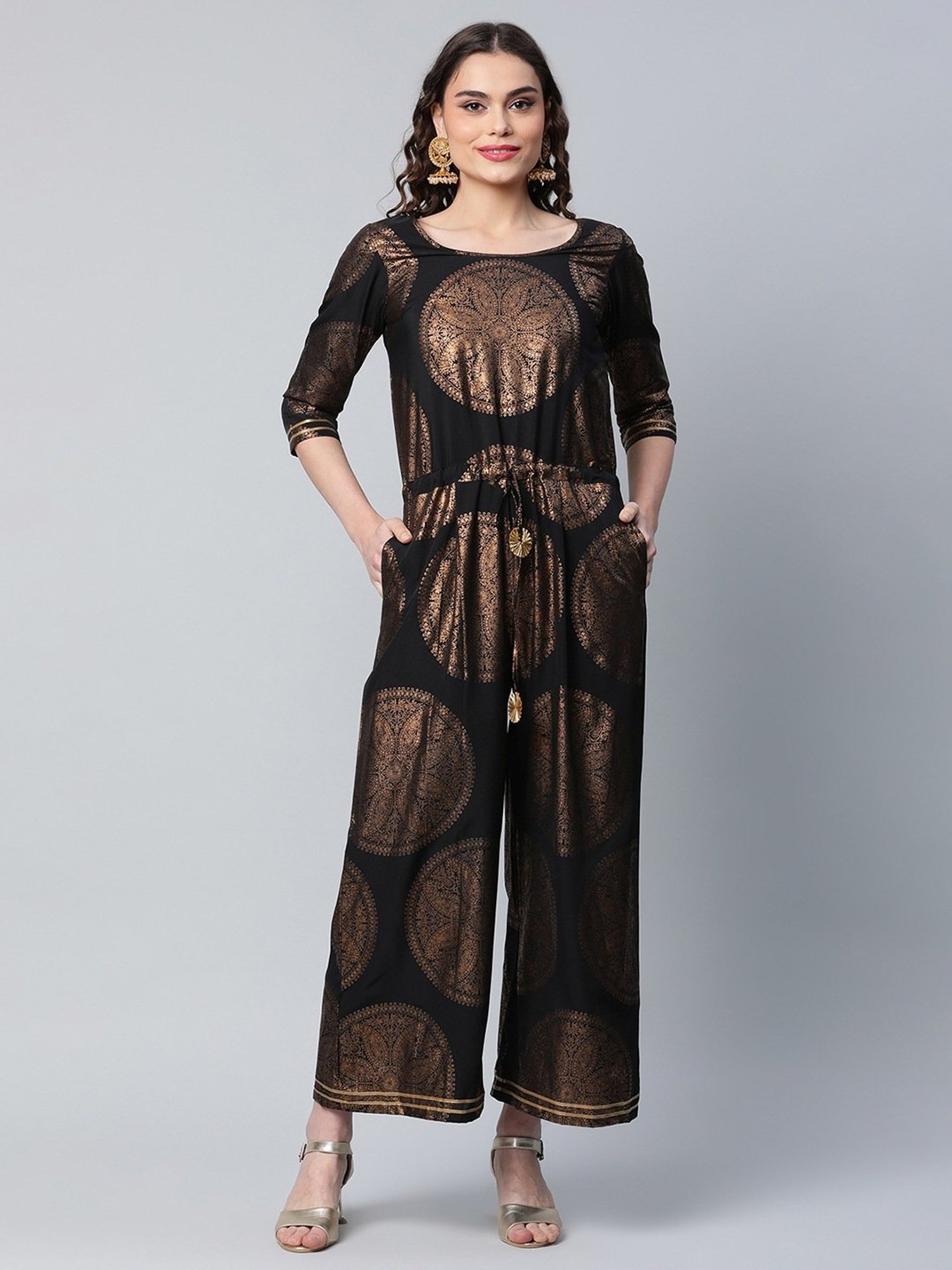Ahalyaa Black & Golden Paisley Print Jumpsuit