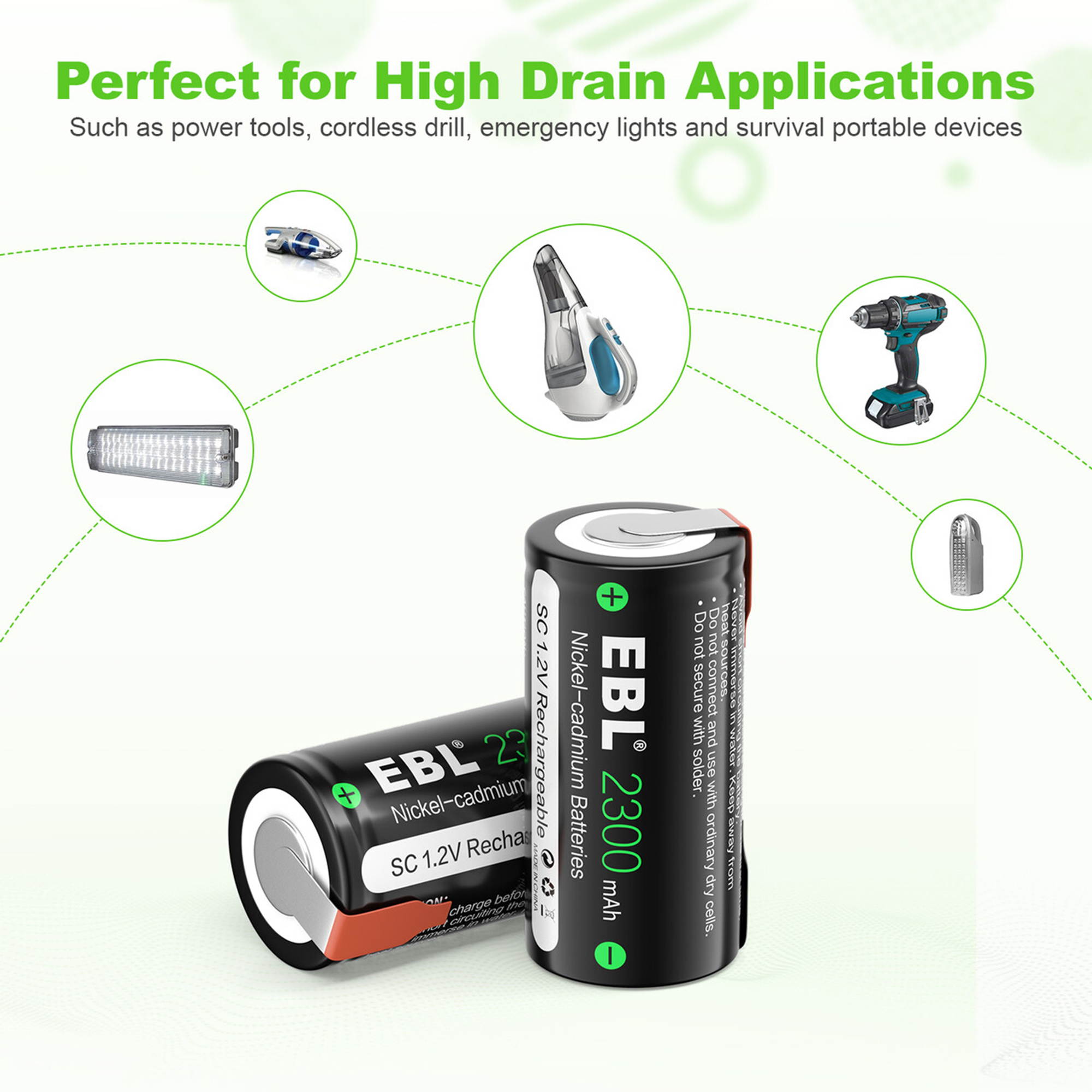 EBL 8 Piece Sub SC Cell 2300mAh Ni-Cd Rechargeable Batteries with tab for Power Tool