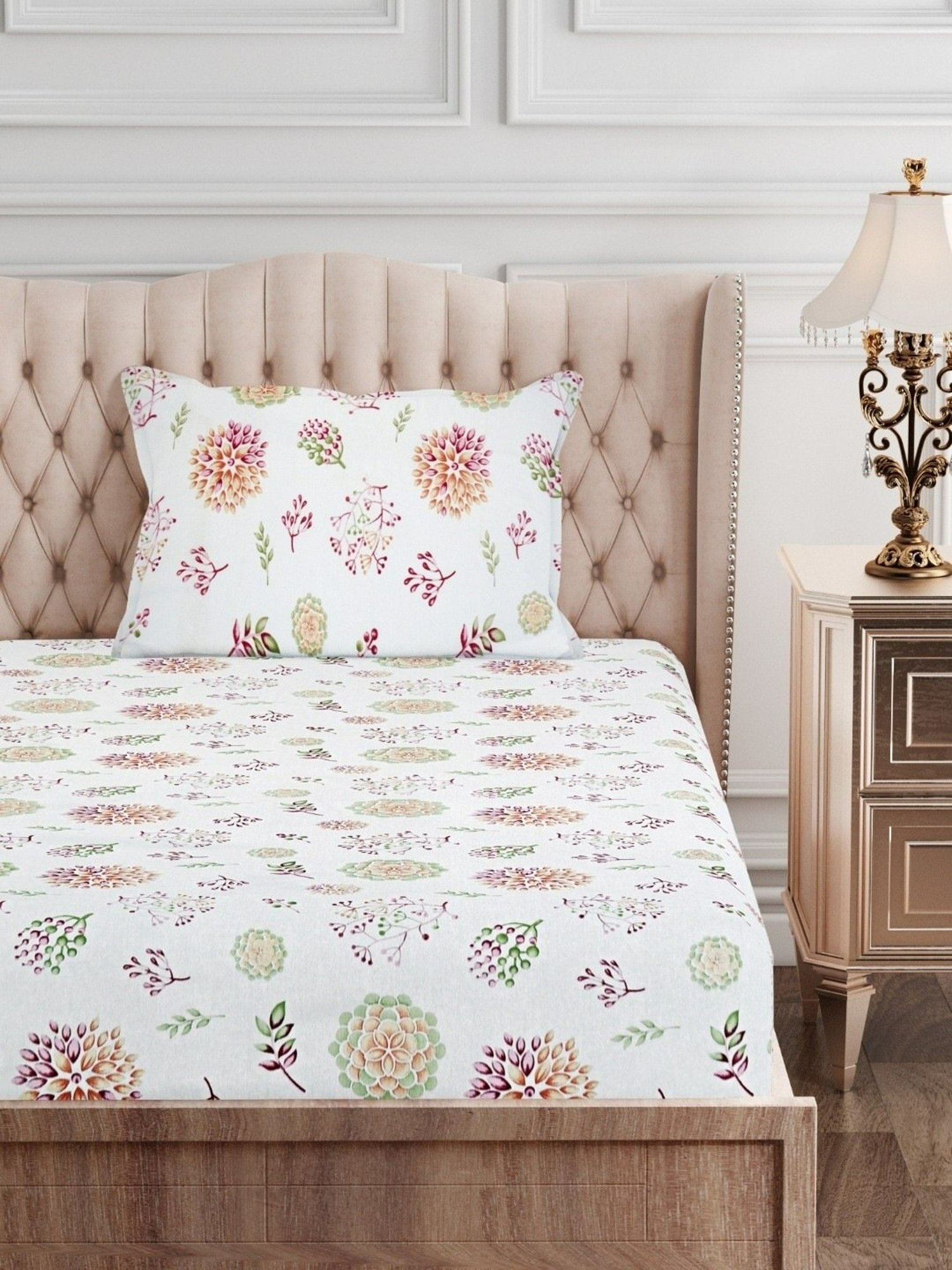 SEJ by Nisha Gupta Floral Green 144 TC Cotton Single Bed Sheet with 1 Pillow Cover