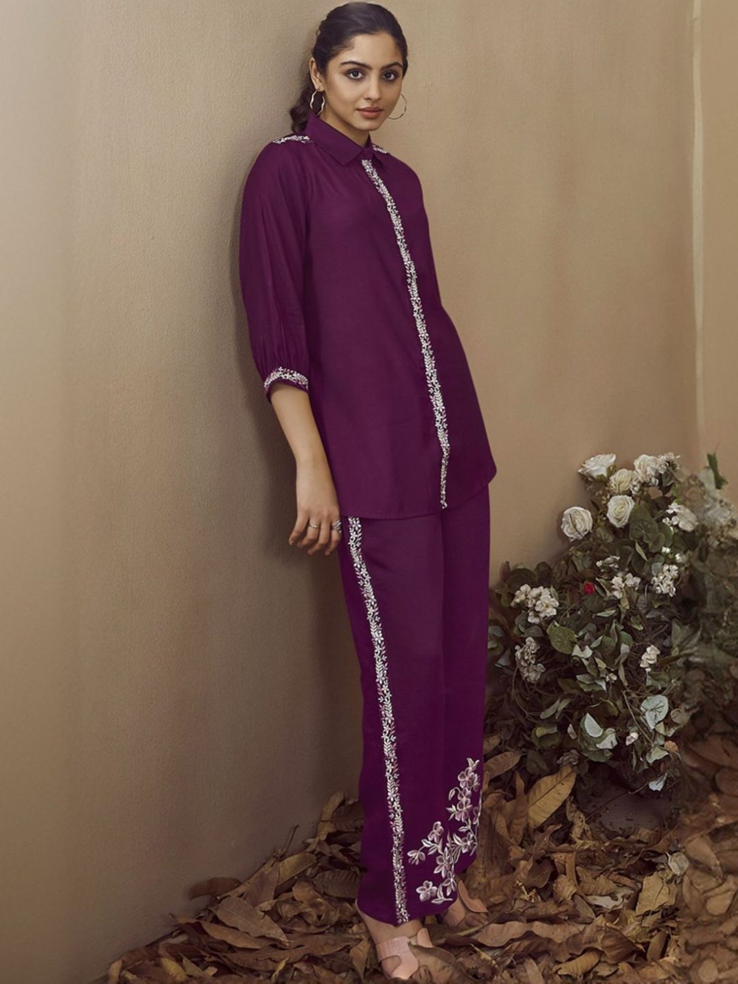 Autumnlane Wine Malini Mulberry Embroidered Tunic with Pant Co-ord Set