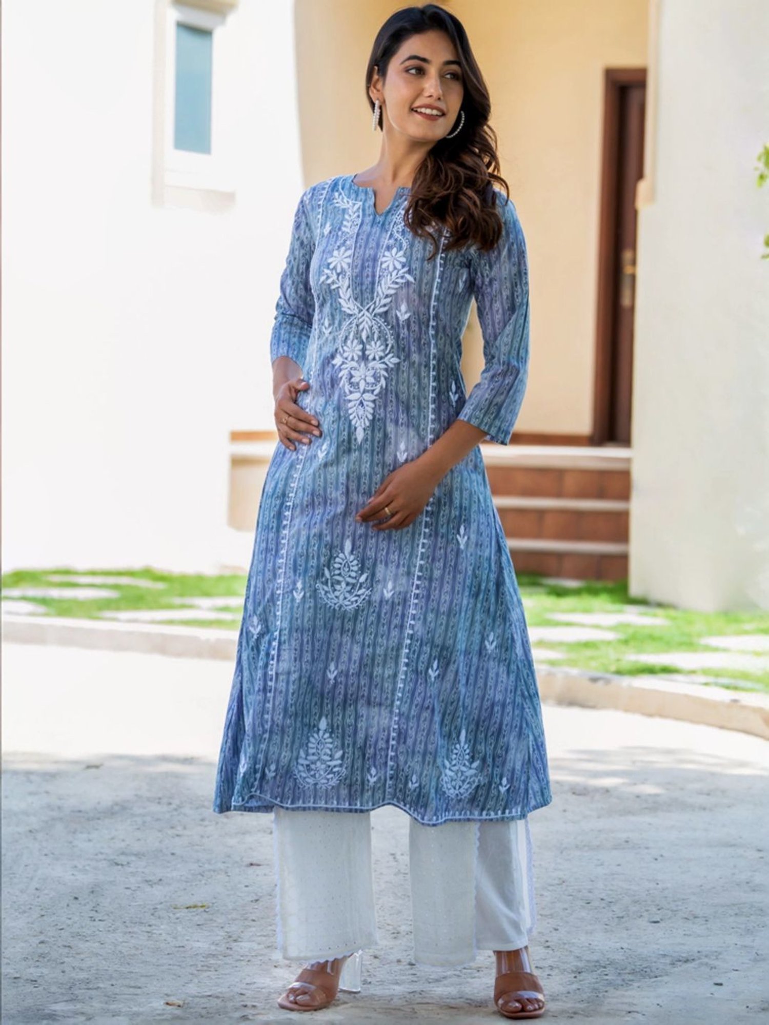 HOUSE OF JAMOTI Blue & White Cotton Embroidered Kurta Palazzo Set